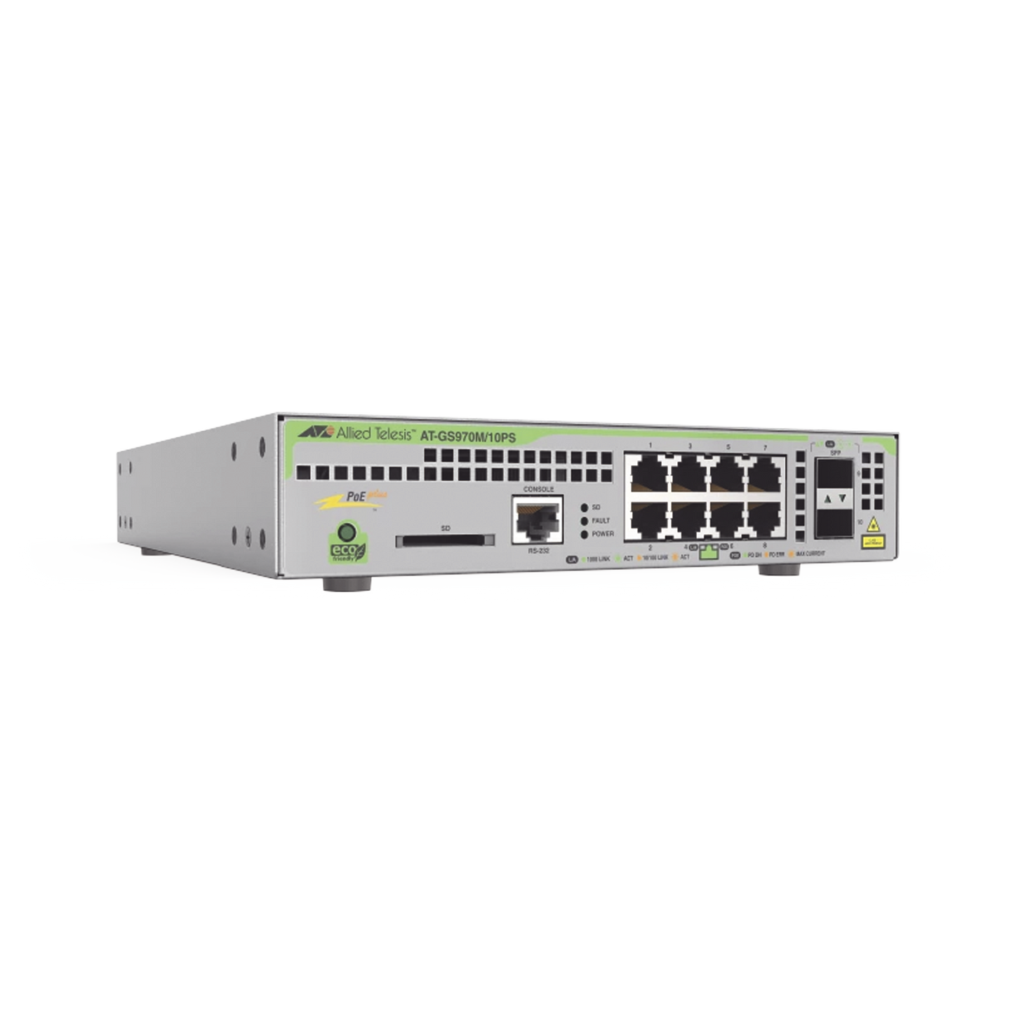 Switch PoE+ Administrable CentreCOM GS970M, Capa 3 de 8 Puertos 10/100/1000 Mbps + 2 SFP Gigabit, 124 W