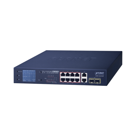 Switch No Administrable 8 Puertos Gigabit con Modo Extend PoE a 250 mts, 2 puertos Uplink 10/100/1000 Mbps, 2 Puertos SFP